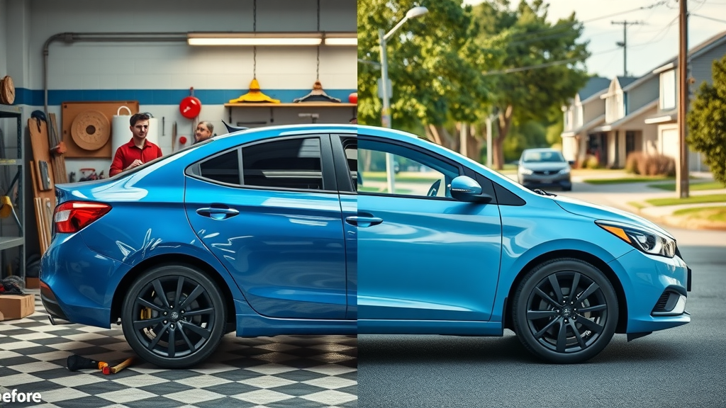 Before and after collision repair transformation on blue family car at auto shop.