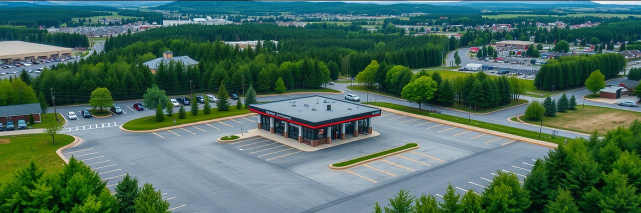 Aerial view of auto center with large empty parking lot for complimentary vehicle pickup.