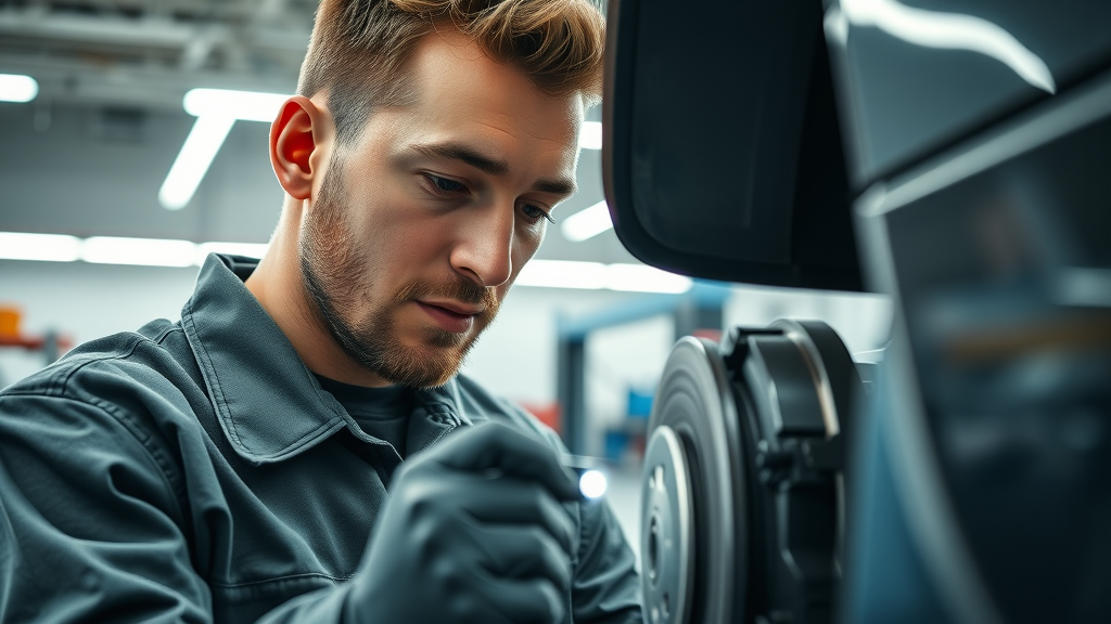 Technician performing detailed brake inspection service on modern car brakes