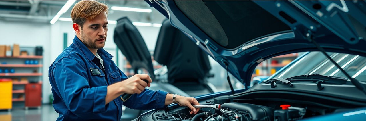 Expert mechanic performing engine and driveline repair in a modern garage.