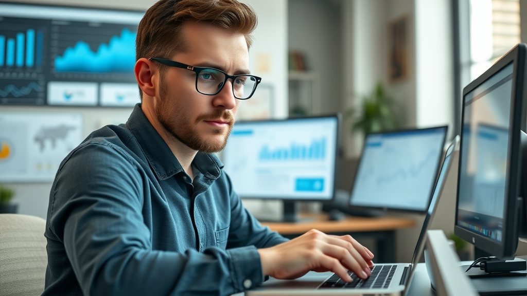 insightful digital marketer analyzing website analytics keyword research SEO charts
