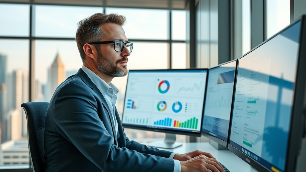 marketing strategist analyzing SEO analytics dashboard in modern office with city background - SEO analytics dashboard