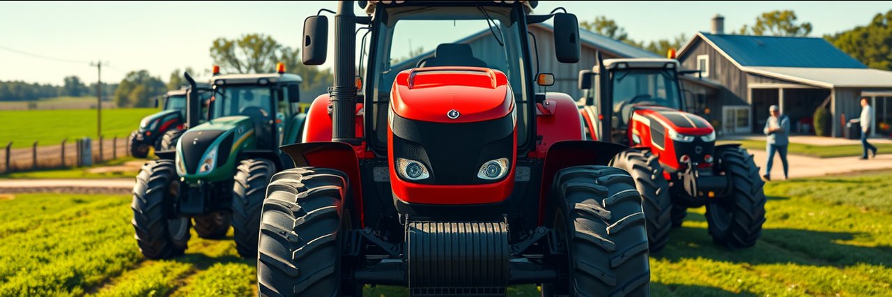 Versatile tractor sales at rural dealership with modern red tractor and barns in sunlight.