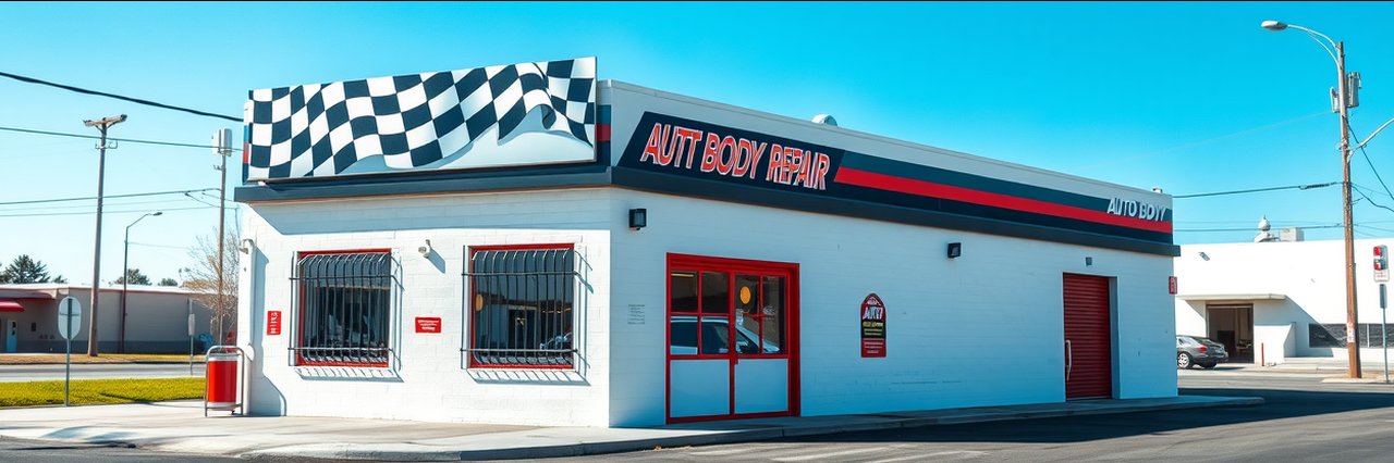 Modern auto body repair shop exterior with checkered mural and security bars