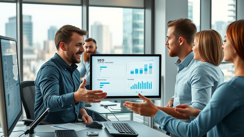 dynamic SEO strategists in a modern workspace using link building strategies
