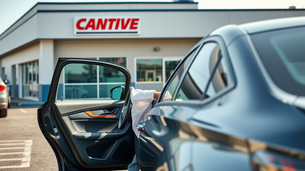 Service technician providing complimentary vehicle pickup at auto repair center.