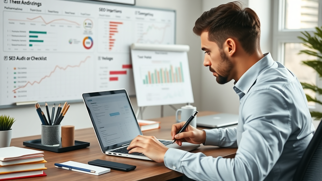 Professional digital marketer conducting SEO audit checklist with SEO analytics tool on laptop