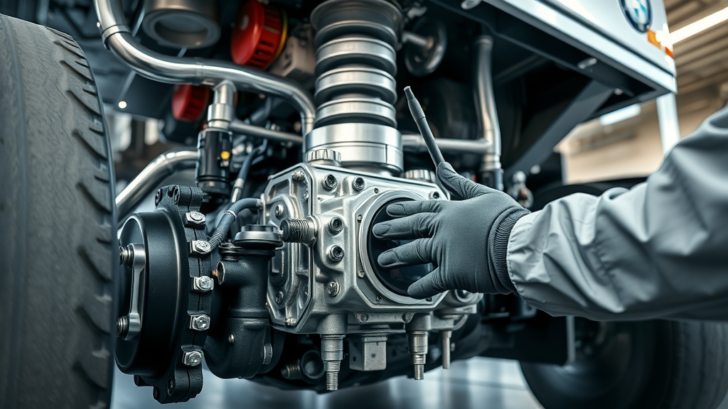 Detailed view of engine and driveline repair with mechanic diagnosing truck parts.