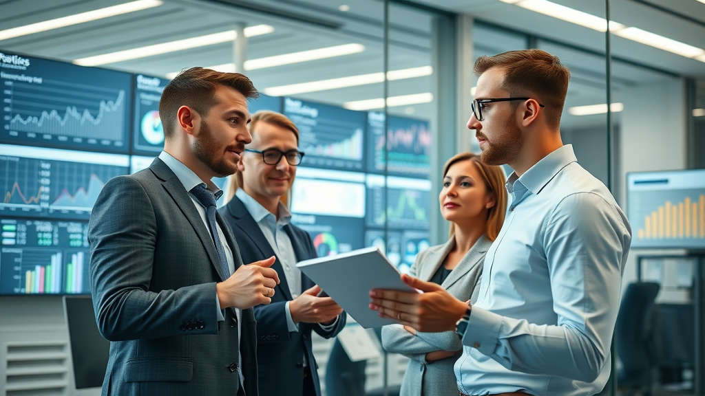 Confident business professionals collaborating on search engine ranking strategies in a modern glass-walled office with analytics displays.
