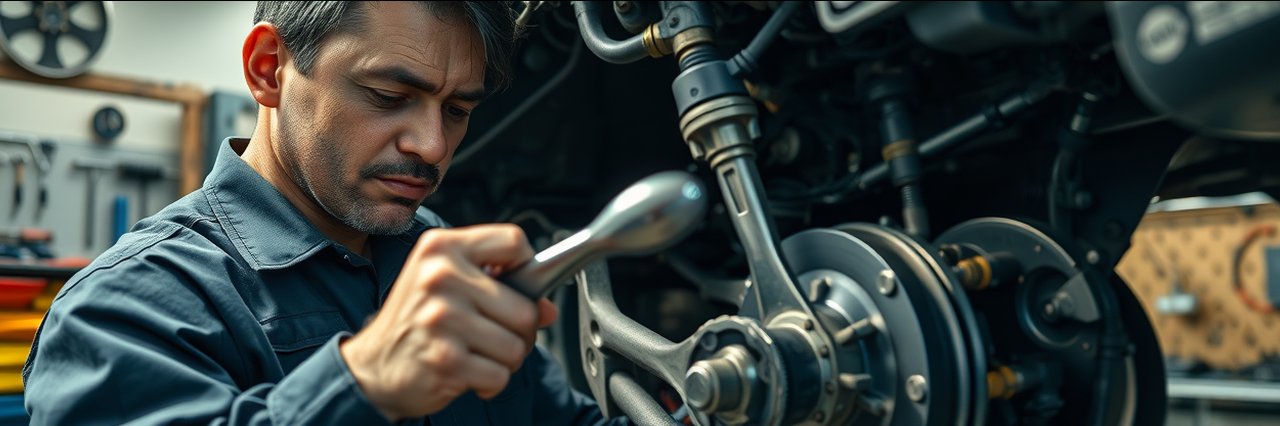Mechanic performing engine and driveline repair in auto workshop, focused and detailed.