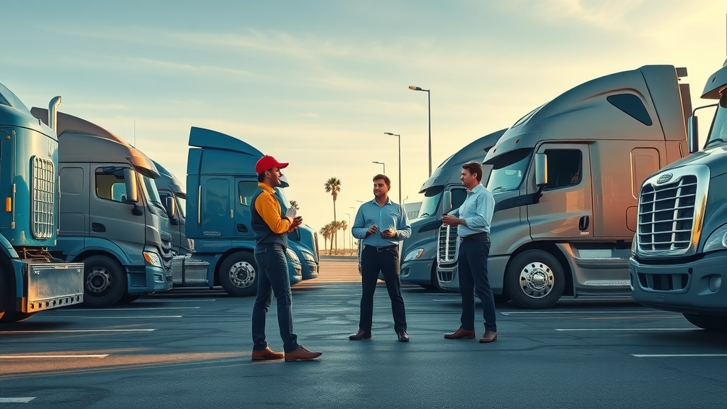 Fleet manager reviews DOT inspection specials for multiple trucks at sunny service lot