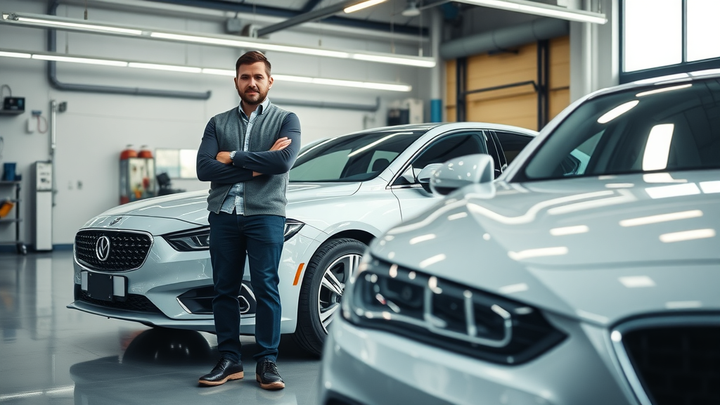 Modern auto body repair shop with restored car and happy driver