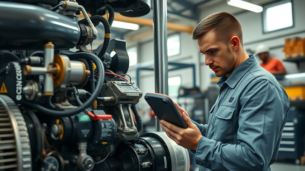 Mechanic inspecting truck engine and driveline repair in modern service center