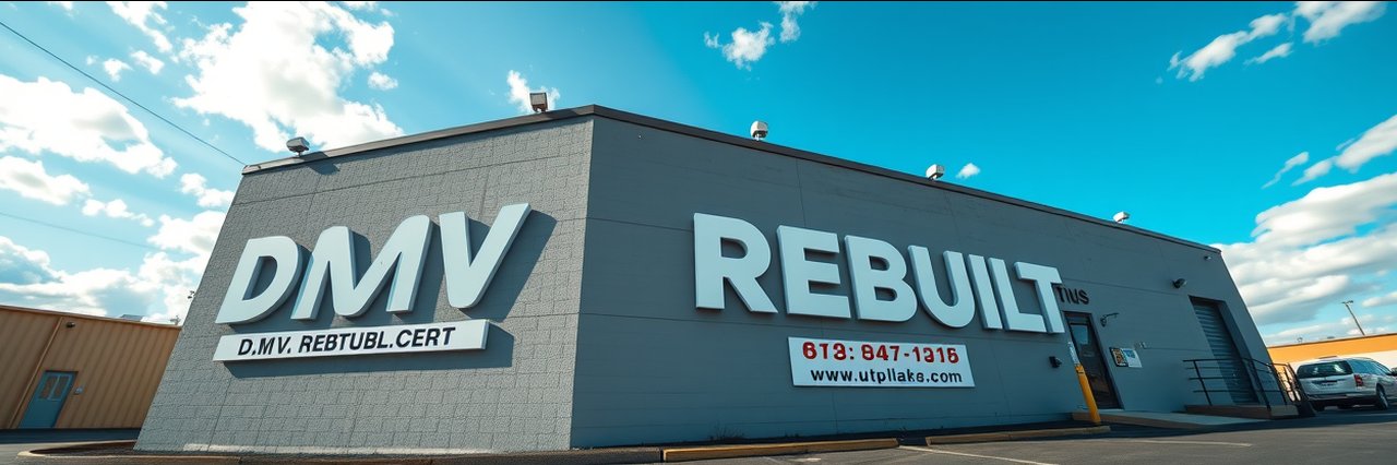 D.M.V. REBUILT office sign at automotive business, natural daylight, prvip training program.