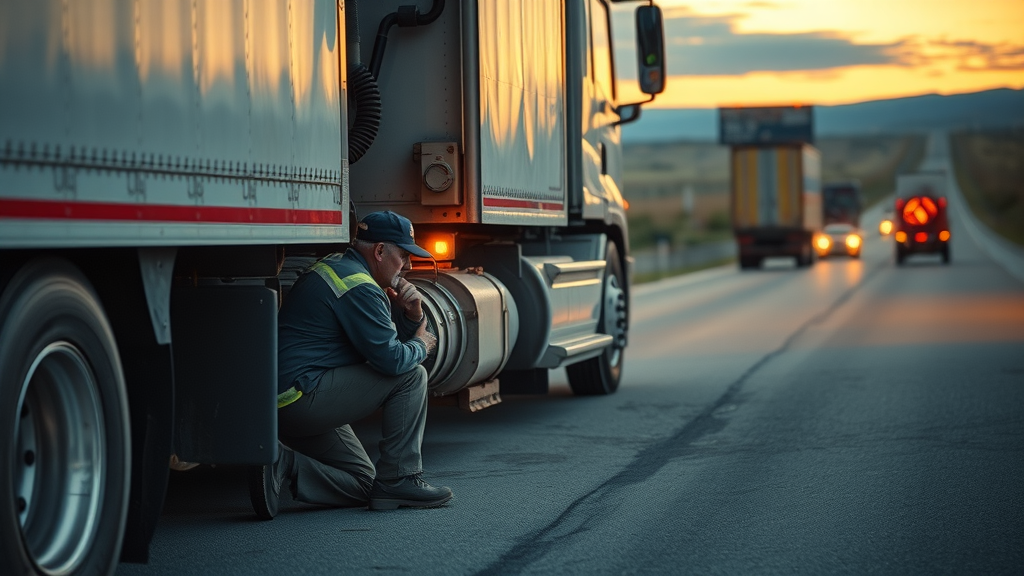 Mobile technician performing engine and driveline repair on roadside truck at sunset.