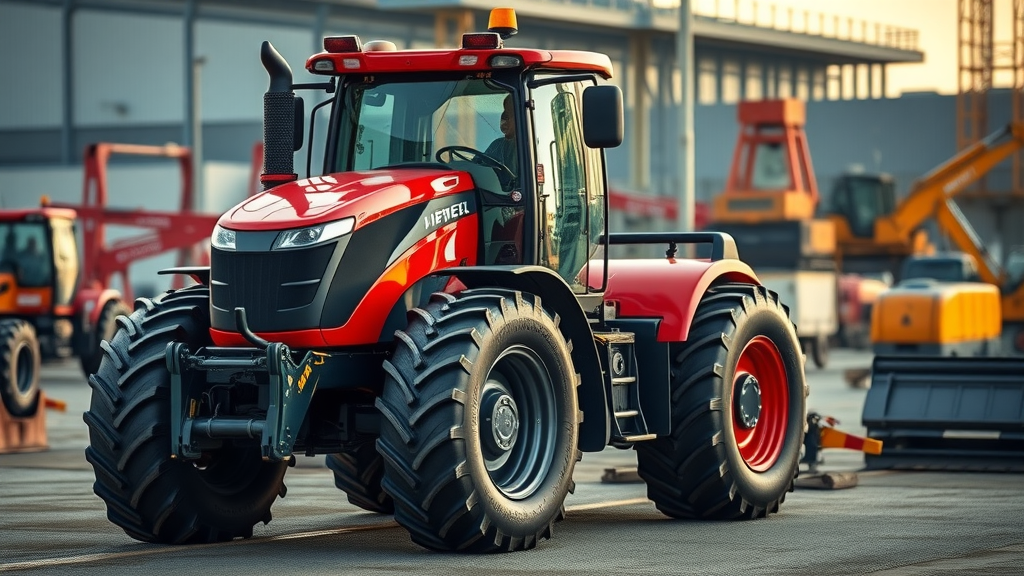Efficient versatile tractor with attachments at industrial site for tractor sales.