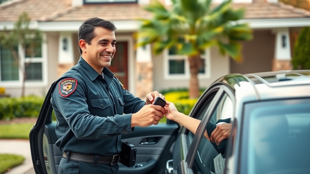Complimentary vehicle pickup showing driver assisting customer at home driveway.