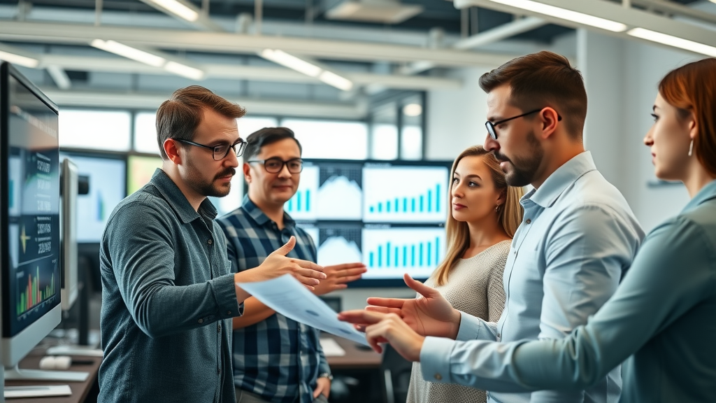 content optimization digital marketing team analyzing data charts in modern office