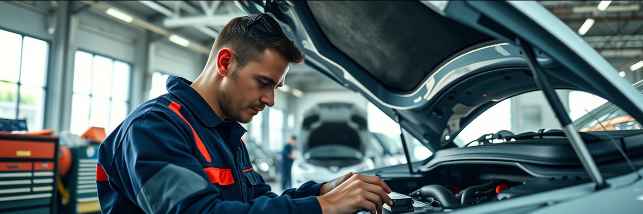Auto technician performing fuel system services in a modern, clean garage.