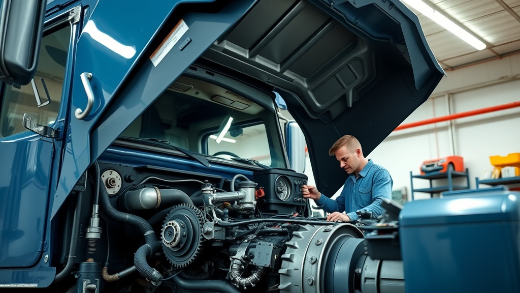 Mechanic performing engine and driveline repair on heavy-duty truck in service bay.