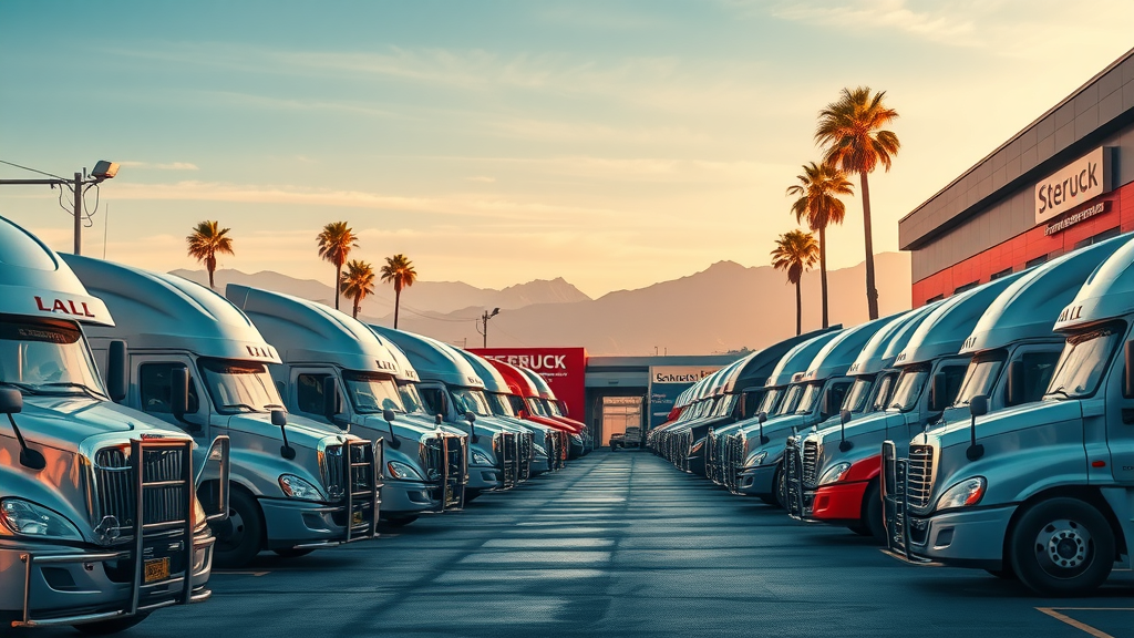 Commercial trucks lined up for DOT inspection specials at service center