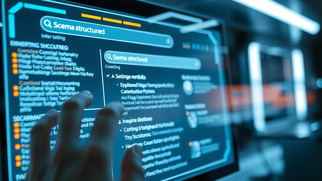 Futuristic UI with highlighted schema structured data and glowing elements for better search engine ranking.