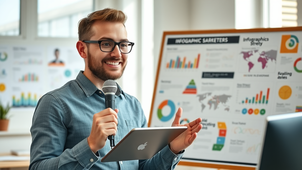 off-page SEO creative marketer presenting podcasting and infographic strategy, media assets and infographic sample display