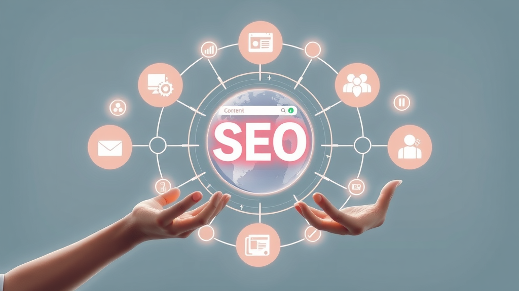 Illustration of key SEO signals—content, authority, experience, and backlinks—circling a website for top search engine ranking.
