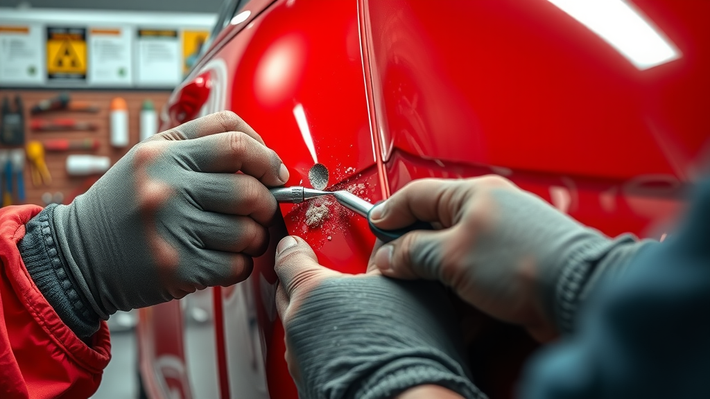 Professional collision repair technician fixing dent on red car fender in workshop.