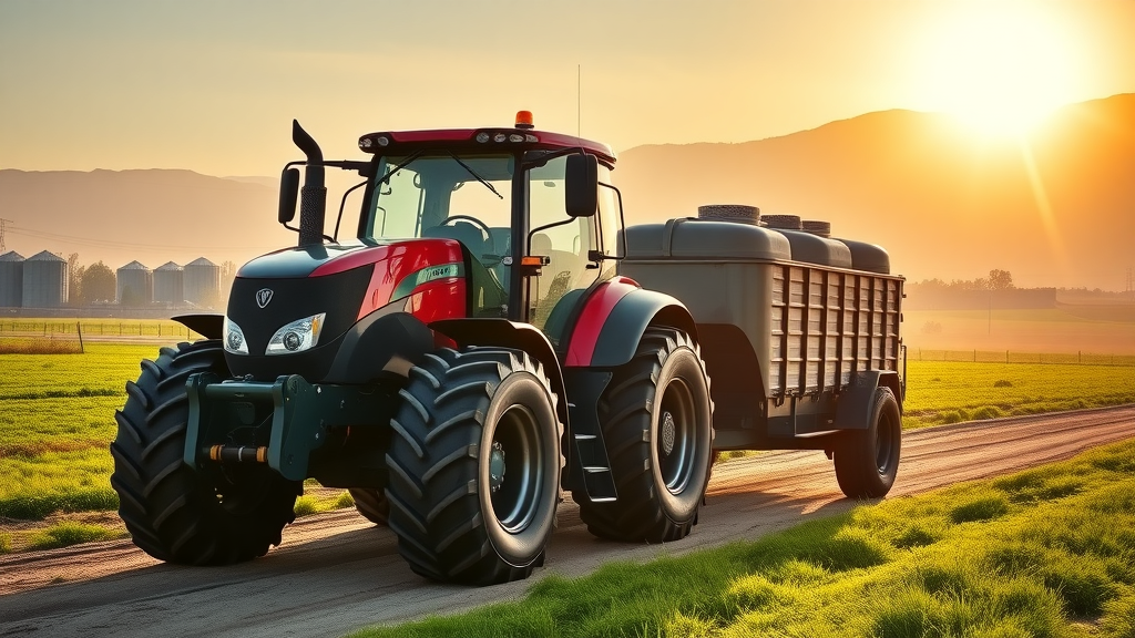 Advanced versatile tractor hauling trailer on rural land for tractor sales.