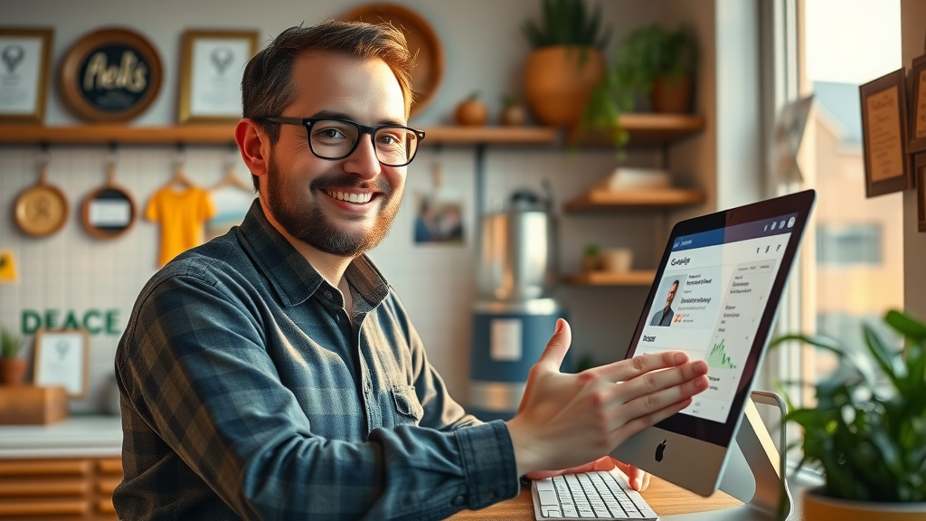 off-page SEO friendly business owner updating Google My Business listing, desktop display with awards and local photos