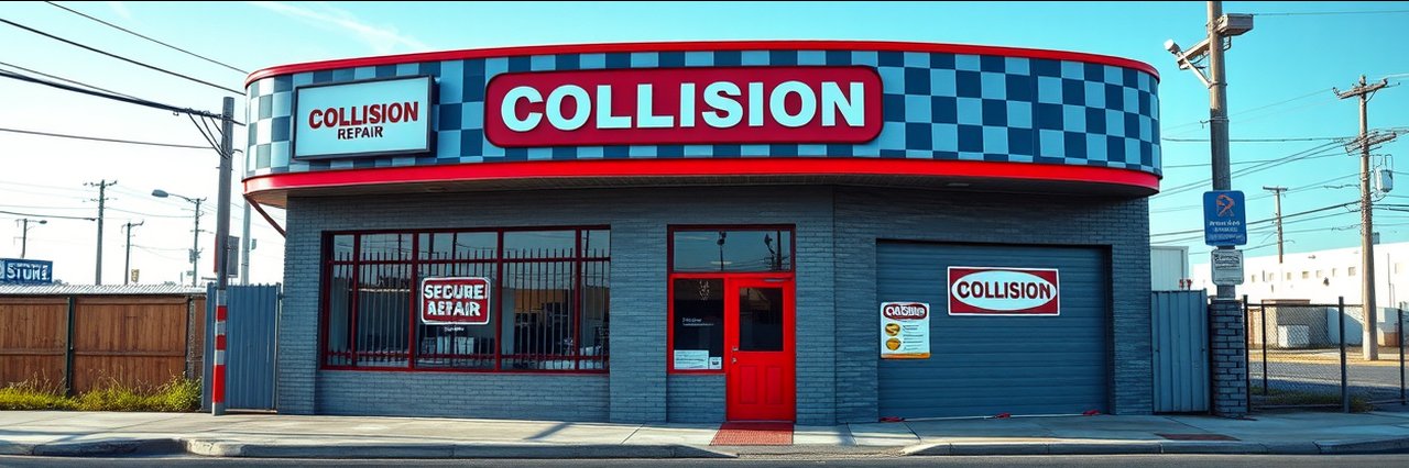 Collision repair shop exterior with bold signage and secure windows in urban setting