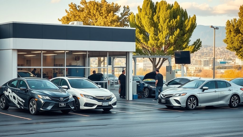 Exterior of modern Sacramento auto shop with mechanics and cars in city setting