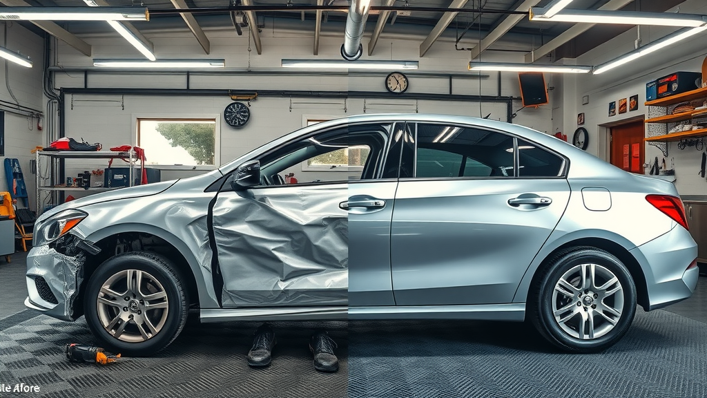 Auto body repair process showing before and after vehicle restoration