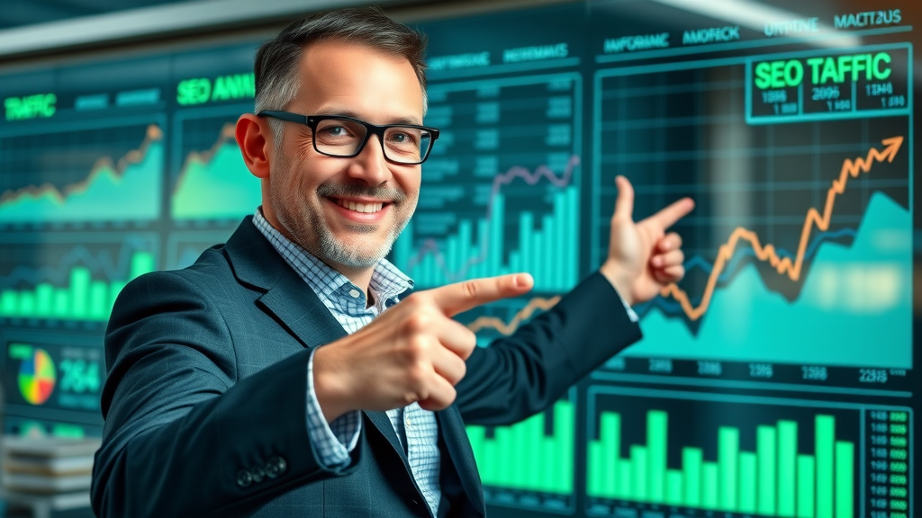 Animated SEO analytics dashboard with upward trend lines and business owner celebrating - keyword ranking upgrade
