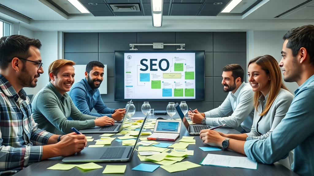collaborative SEO team brainstorming keyword ideas sticky notes