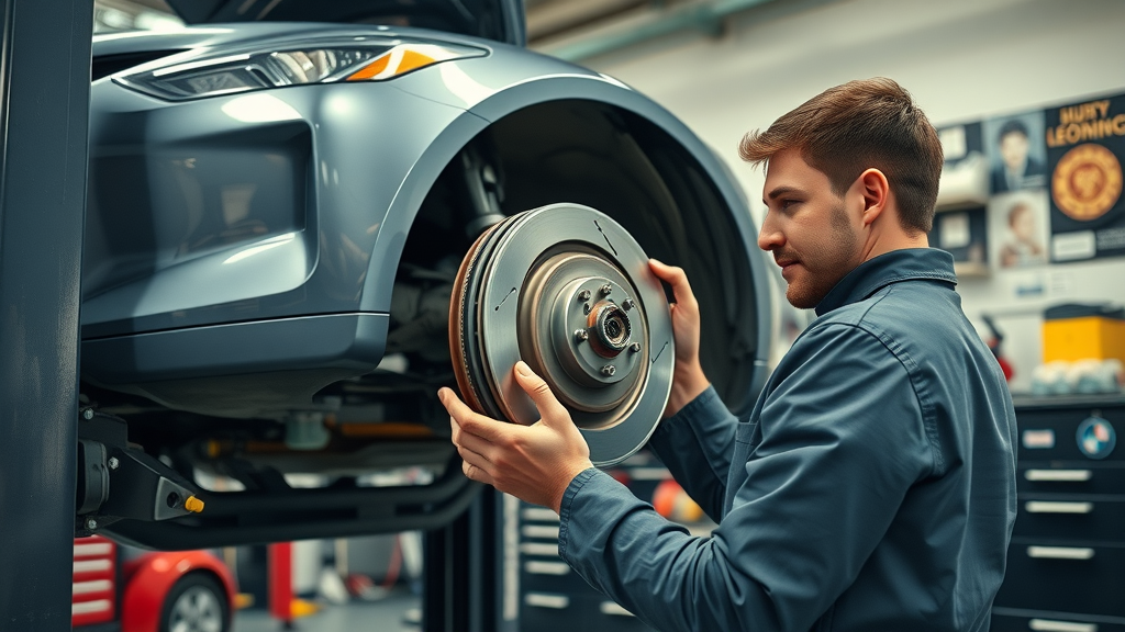 Expert performing brake inspection service in well-lit, modern auto workshop