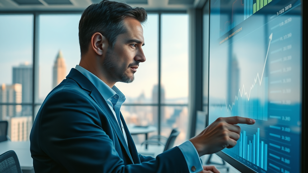 Businessperson analyzing website analytics and upward graph spikes signifying increased search engine ranking and visibility.