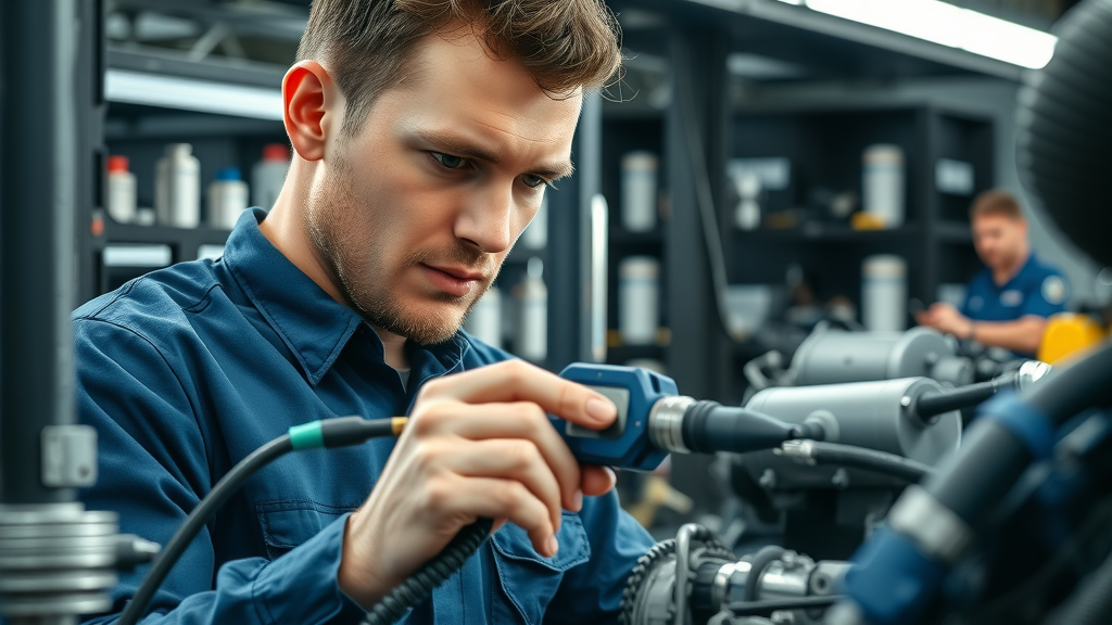 Fuel system services mechanic inspecting injector in engine bay