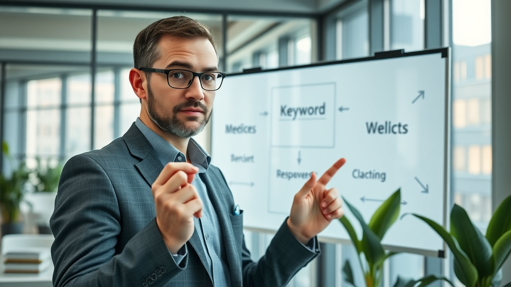 curious business professional pointing at digital whiteboard keyword clusters SEO research