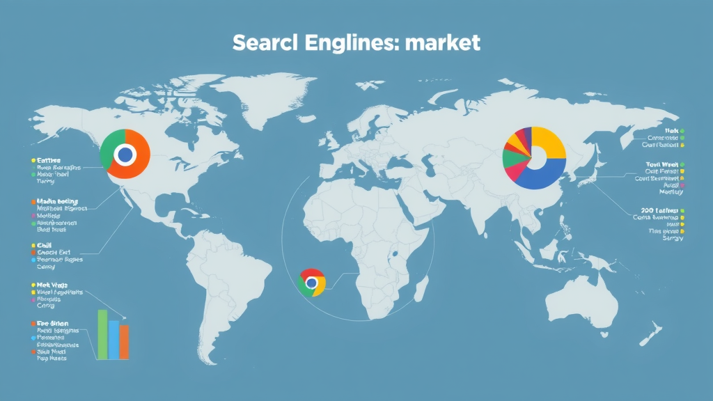 Infographic showing global market share and ranking factors of top search engines with pie charts and digital world map.
