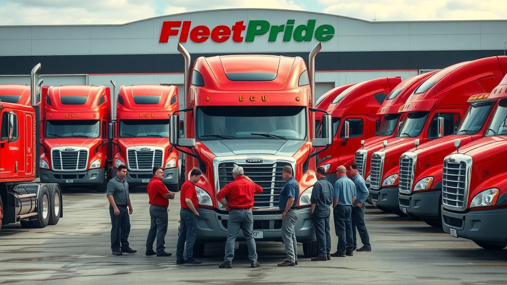 Fleet mechanics collaborating on engine and driveline repair for heavy-duty trucks.
