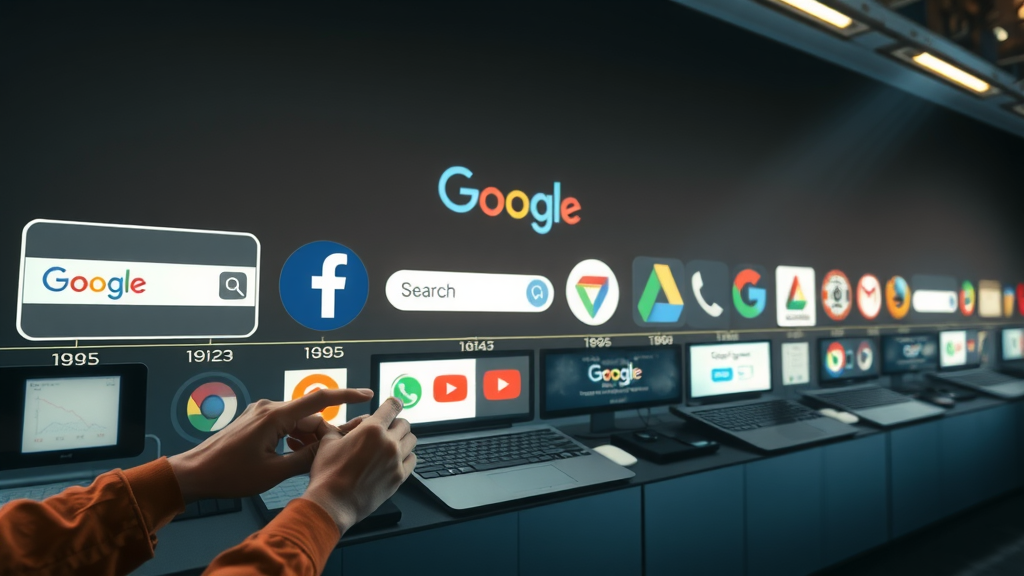 Timeline illustration showing evolution of top search engines, from historical to futuristic interfaces and technology devices.