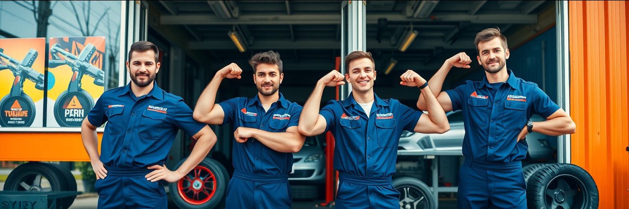 Experienced mechanics at auto shop offering brake inspection service, vibrant storefront