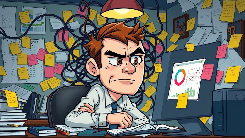 Stressed marketer frowning at a cluttered computer screen full of tangled keywords and sticky notes on desk, illustrating keyword stuffing SEO mistake.