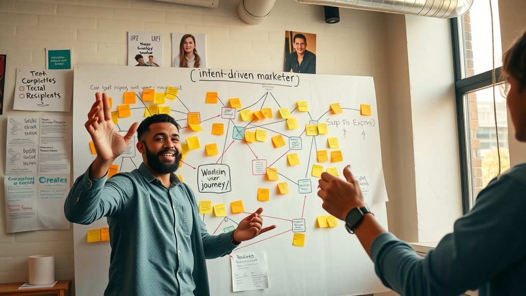 intent-driven marketer mapping user journeys with post-its keyword intent SEO