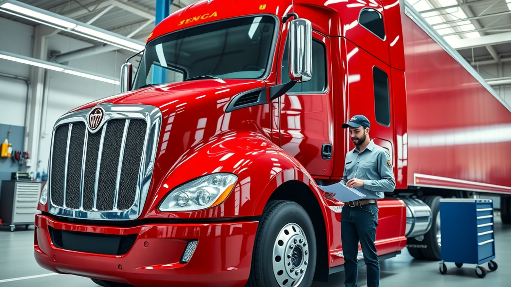 Technician performing DOT inspection special on red commercial truck in bright garage
