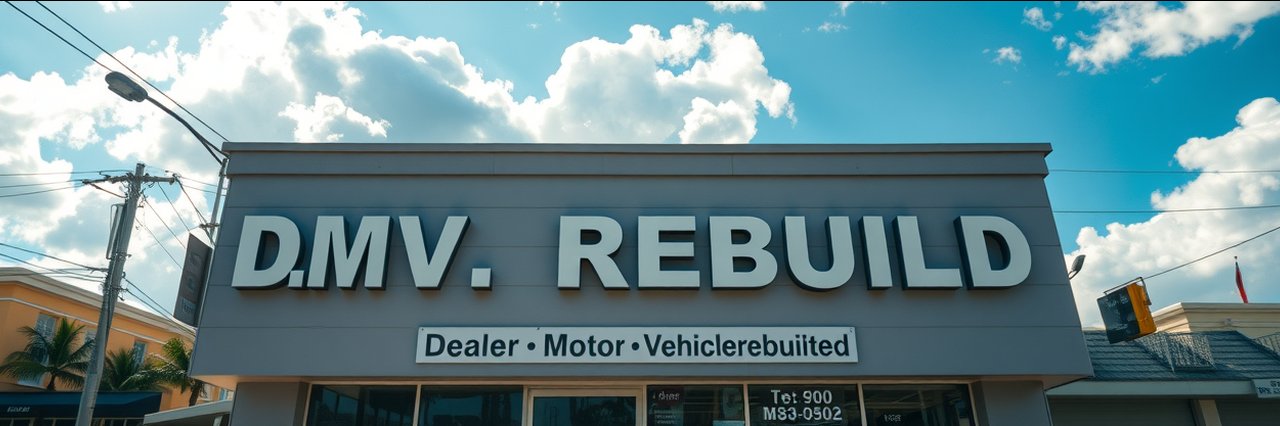 Florida DMV rebuilt services storefront exterior with white bold sign and contact info