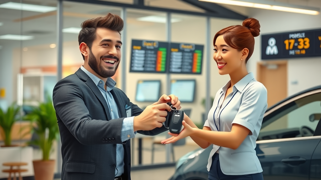 Customer celebrates smooth insurance claims process at auto center reception