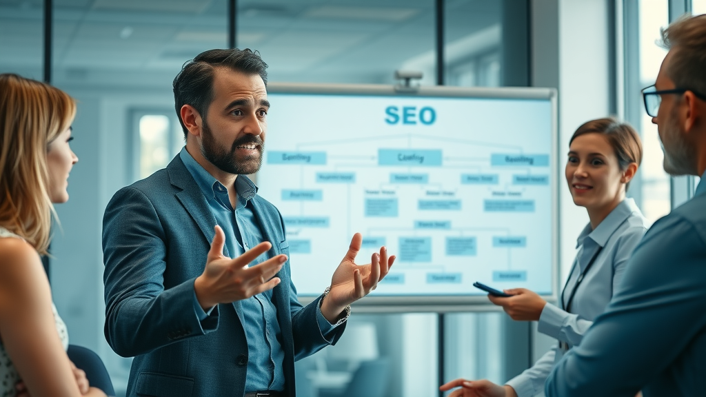 off-page SEO insightful SEO expert explaining to business owners, confident, gesturing towards SEO flowchart, digital whiteboard
